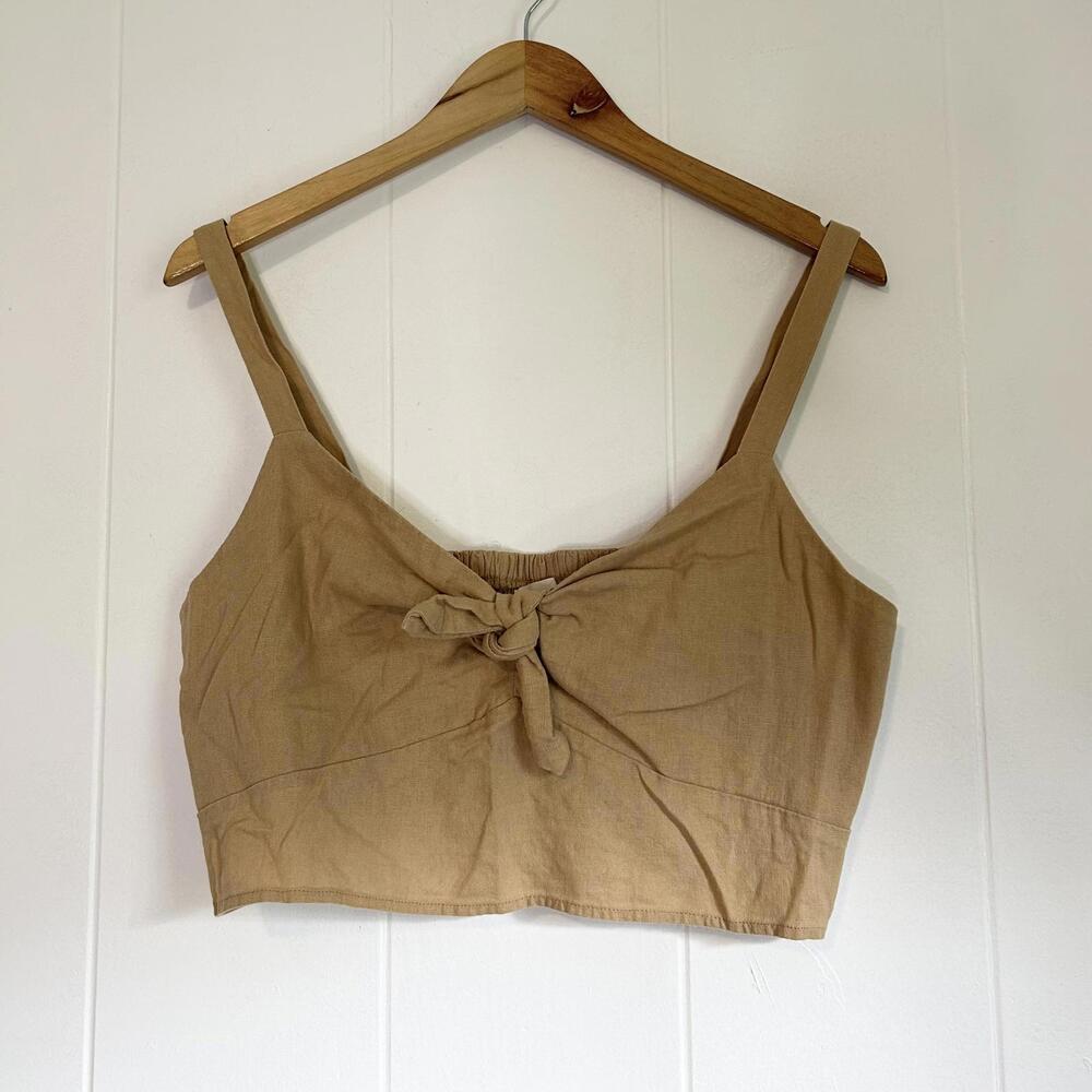 Universal Thread Beige Linen Blend Front Tie Crop Top Tank Top Women's Large